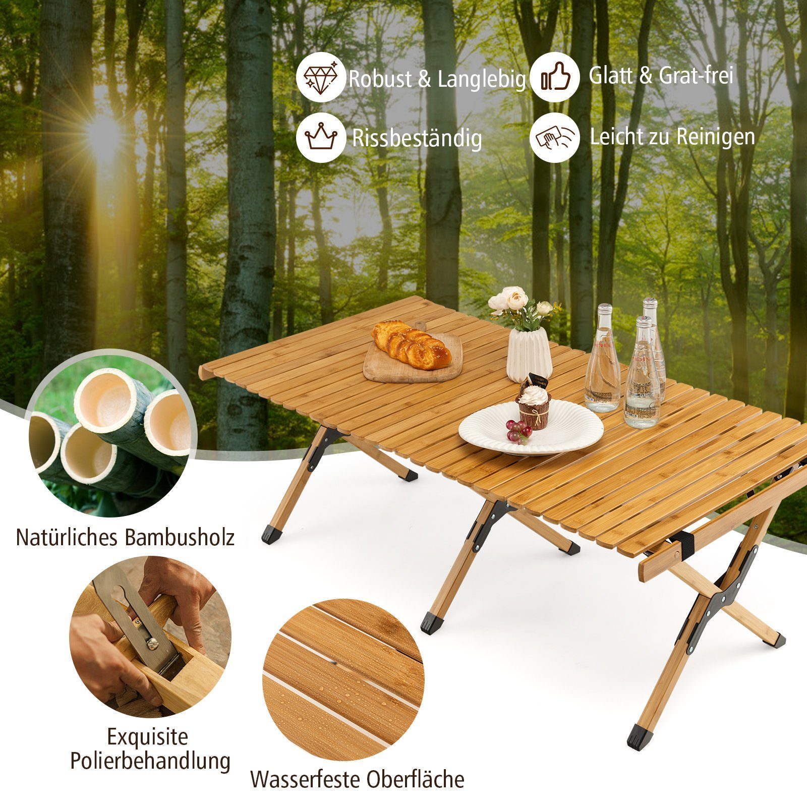 Campingtisch mit natur aus COSTWAY Tragetasche klappbar, Klapptisch Bambus,