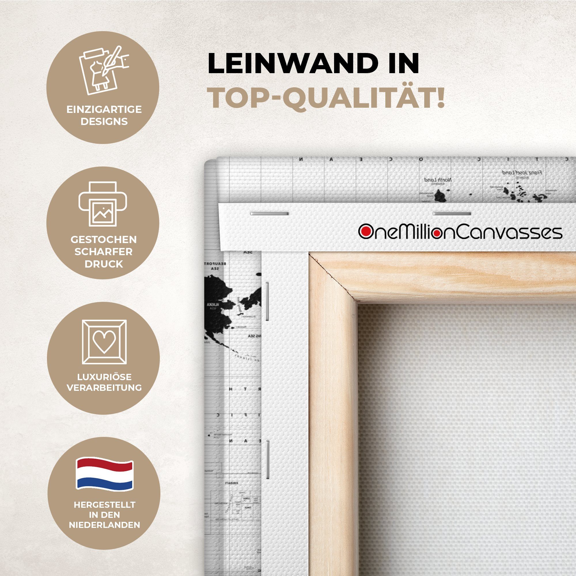 OneMillionCanvasses® Leinwandbild Weltkarte - Schwarz - Weiß - Atlas - Erde - Bildung, Fotodruck (1 St), Leinwand Bilder Klein, Wand Dekoration Aesthetic 30x20 cm