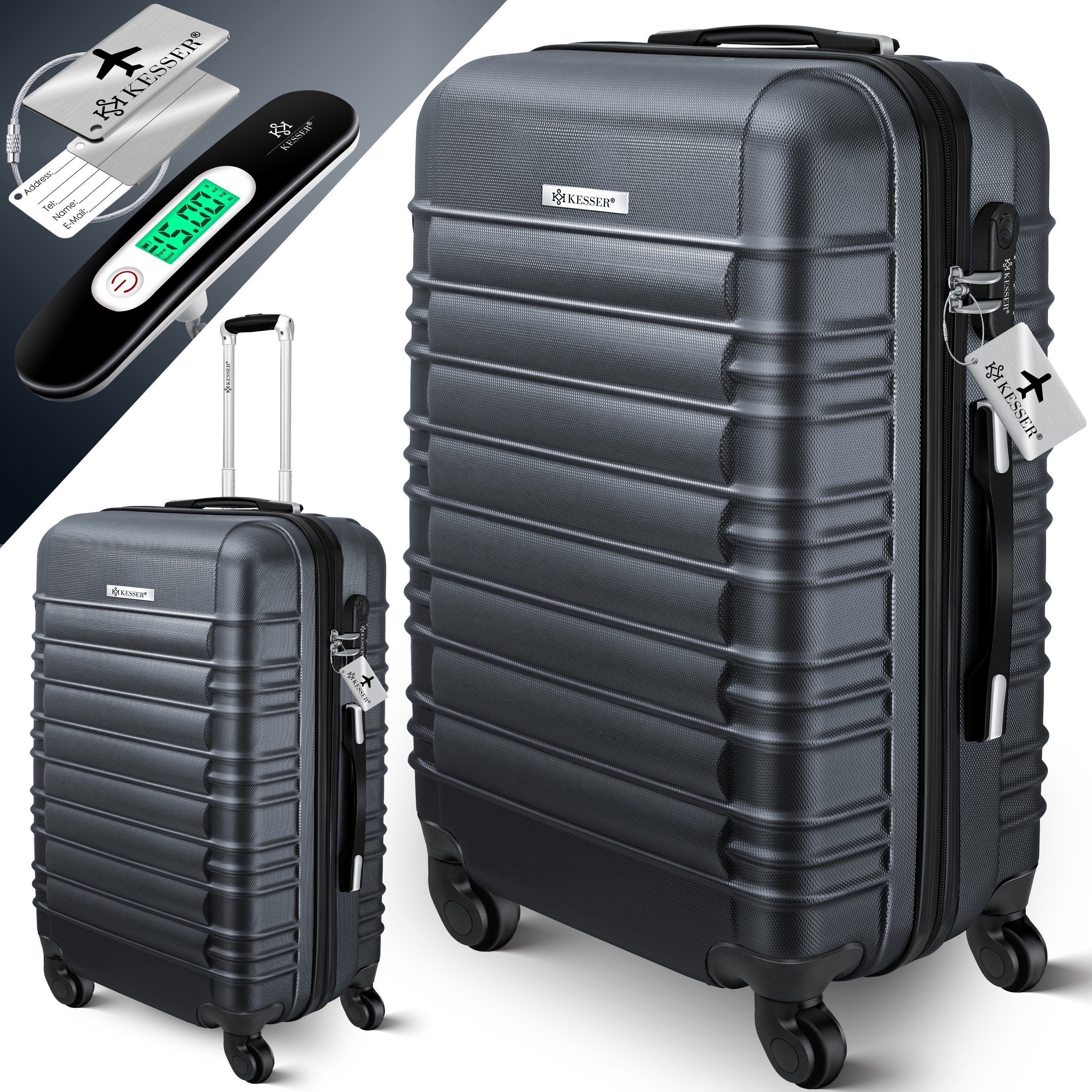 KESSER Kofferset, (1 tlg), Reisekoffer Hartschalen-Koffer Inkl. Kofferwaage + Gepäckanhänger anthrazit