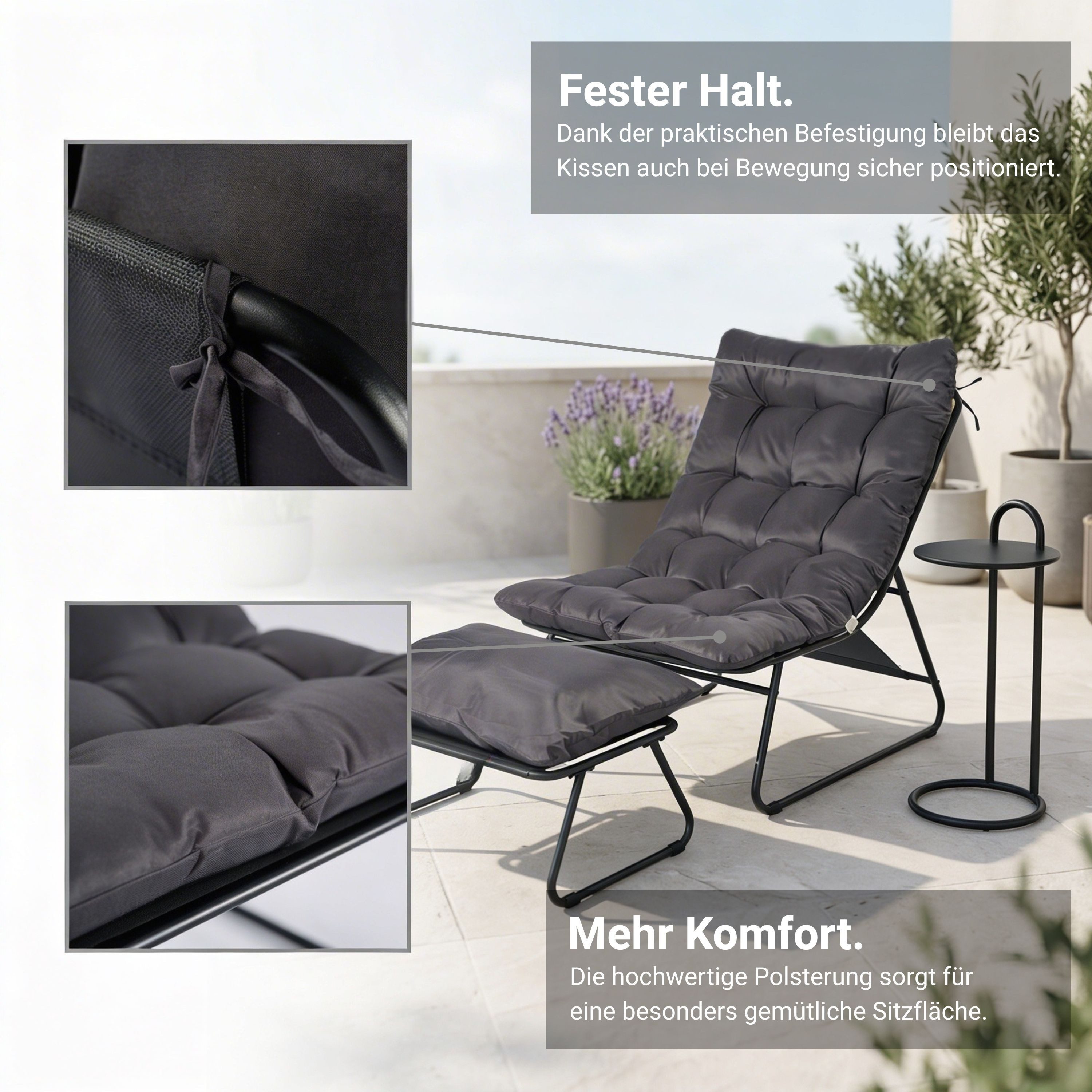 NovaTerra Gartenlounge-Set Entspannungssessel mit Fußstütze + Tisch 3-teiliges Set aus Metall – Bild 5 von 5
