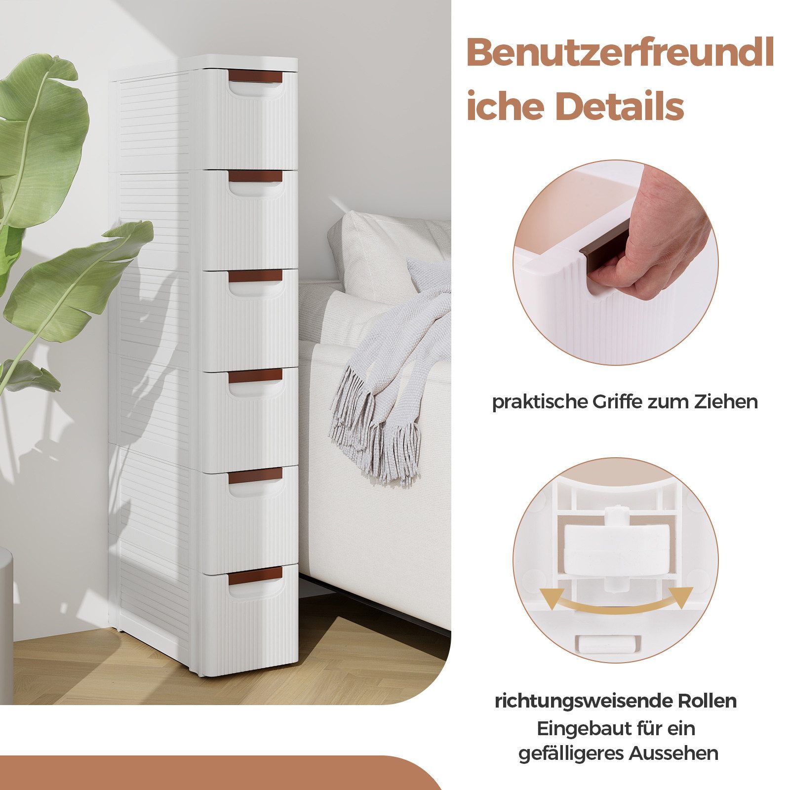 COSTWAY Beistellwagen Nischenschrank schmal, mit 6 Schubladen & Rollen, weiß – Bild 4 von 5