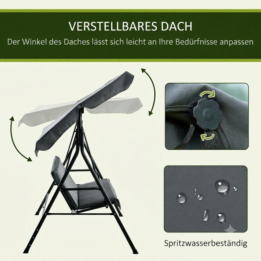 kowdom Hollywoodschaukel 3-Sitzer Gartenschaukel mit Sonnendach, verstellbar, 240 kg, 3-Sitzer, Gartenschaukel, Einzelschaukel mit Kissen, Gartenschaukel, 3-Sitzer, 240 kg Belastbarkeit, verstellbares Dach