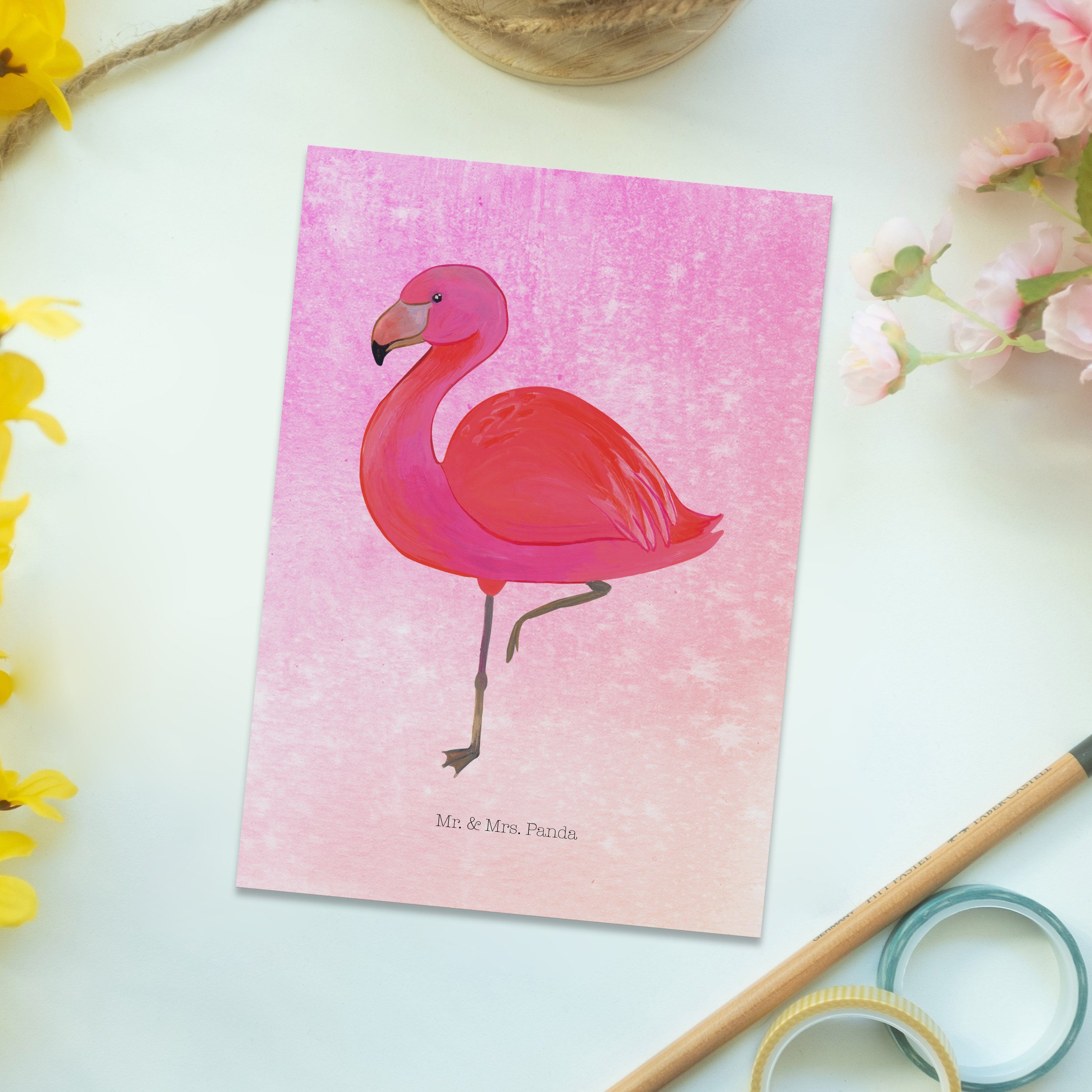 Mrs. Flamingo & Postkarte Geschenk, Geschenkkarte, Pink - classic - Panda Aquarell prächtig Mr.
