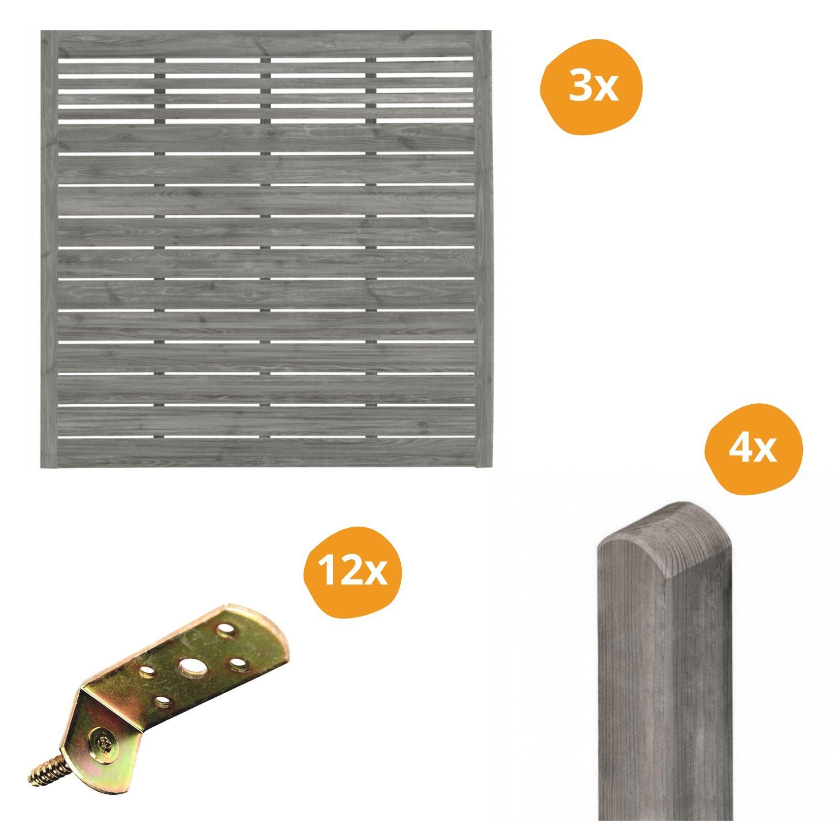 Mega-Holz Sichtschutzelement Sichtschutzzaun Set Sina mit Gitter Grau 3 Zaunfelder inkl. Material, (Sparset, 19-St., Set bestehend aus Sichtschutz, Pfosten & Flechtzaunhalter)