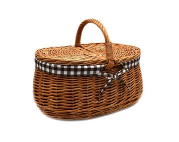 MyBer® Einkaufskorb Weidenkorb Korb Picknickkorb Stabiler Tragekorb mit 2 Deckeln aus Weide geflochten braun mit Stoffeinlage K1-030-SBRW
