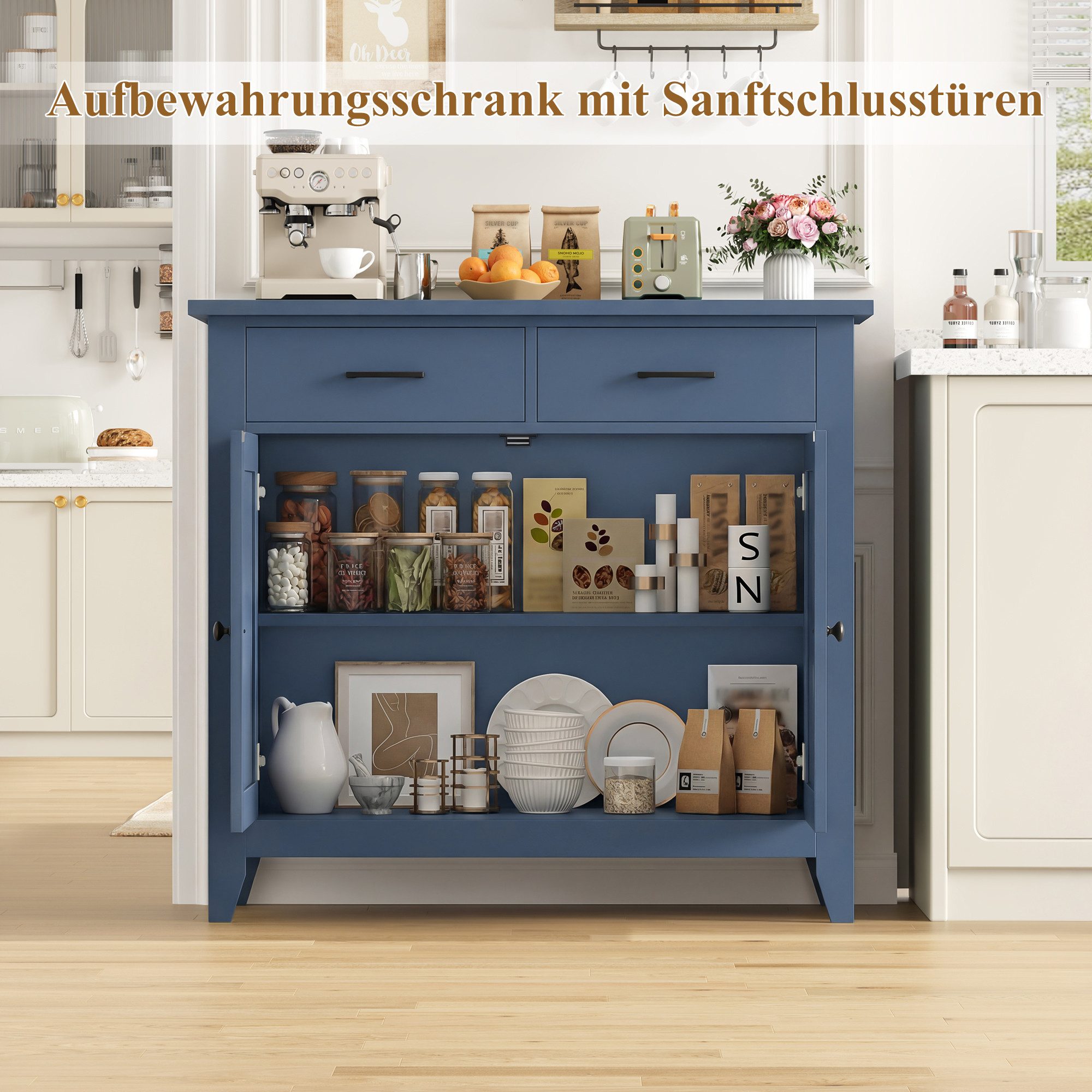 HOMECHO Buffet Sideboard Weiß Küchenschrank mit 2 Schubladen 2 Türen – Bild 5 von 5