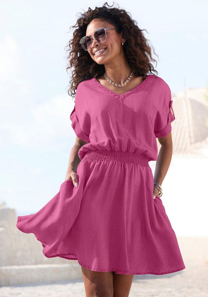 Buffalo Sommerkleid mit V-Ausschnitt aus weicher Lyocellware kurzes Kleid, figurumspielendes Sommerkleid, Strandkleid, Tunikakleid