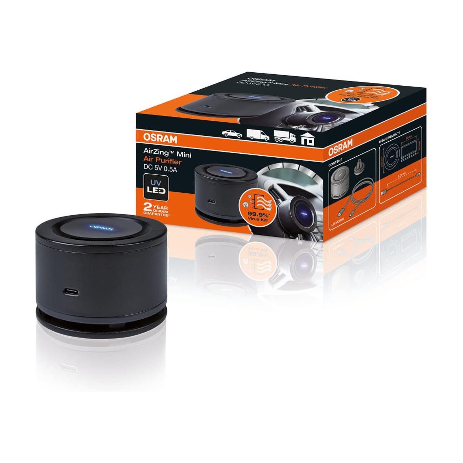 Osram Luftreiniger Air Zing Mini UV LED Raumluftreiniger Auto Wohnung Lufterfrischer, Titan-Dioxid-Filter TiO2 mit UVA-LED-Licht, waschbar und langlebig