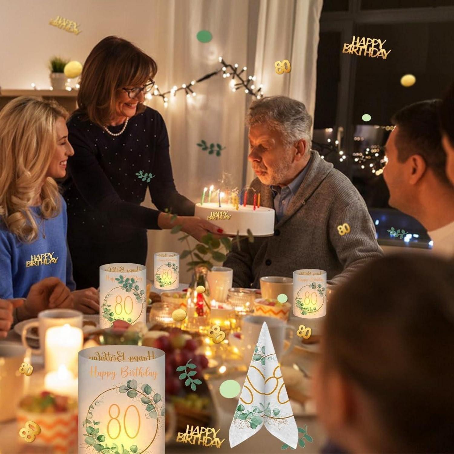 LuxusKollektion Windlicht Servietten 80 Geburtstag Konfetti Tischdeko Eukalyptus Grün D – Bild 4 von 5