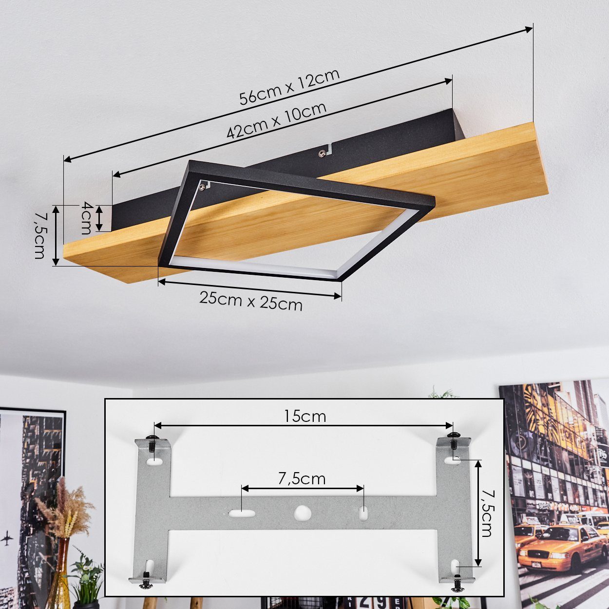 hofstein Deckenleuchte »Palermo« Deckenlampe aus Metall/Holz/Kunststoff in Schwarz/Natur/Weiß, 3000 Kelvin, eckige Leuchte mit Balken aus Echtholz, LED 22, 5 Wa – Bild 4 von 5