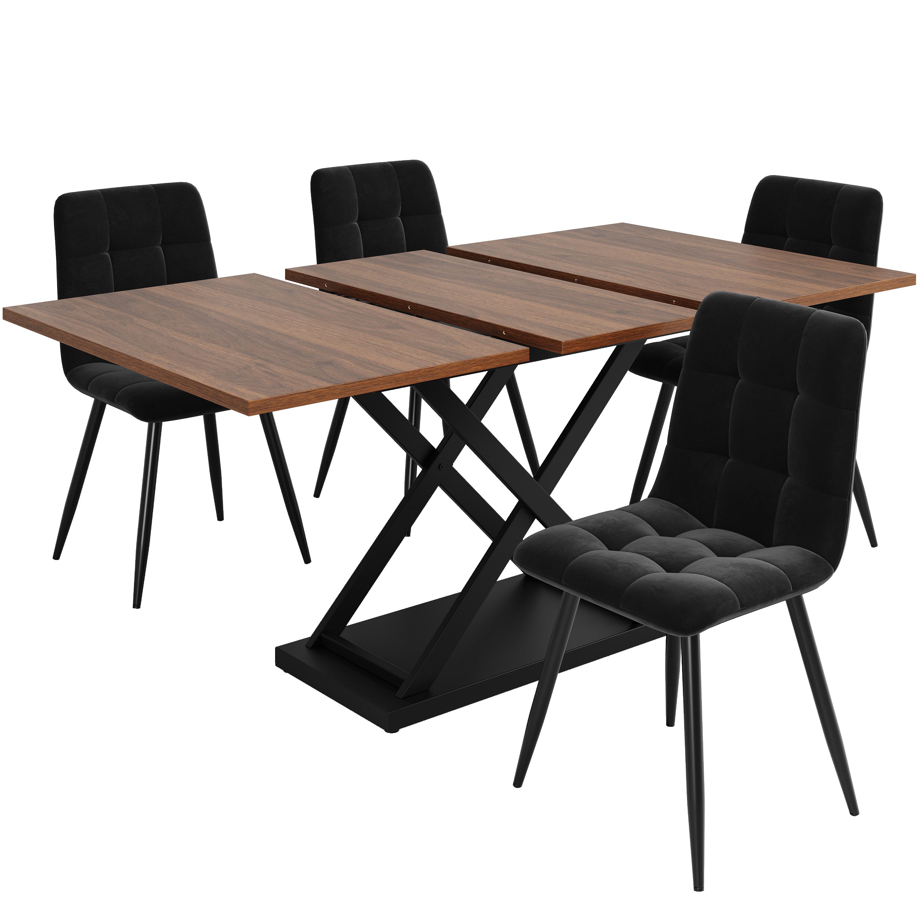 Flieks Essgruppe, (Set, 5-tlg., 120-160x80cm Tischplatte), ausziehbar Esstisch mit 4 Stühlen Set Küchetisch Esszimmerstuhl Samt