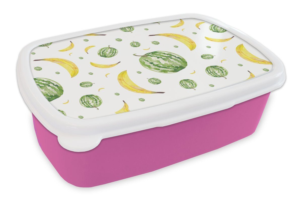 MuchoWow Lunchbox Bananen - Melonen - Schablonen, Kunststoff, (2-tlg), Brotbox für Erwachsene, Brotdose Kinder, Snackbox, Mädchen, Kunststoff rosa