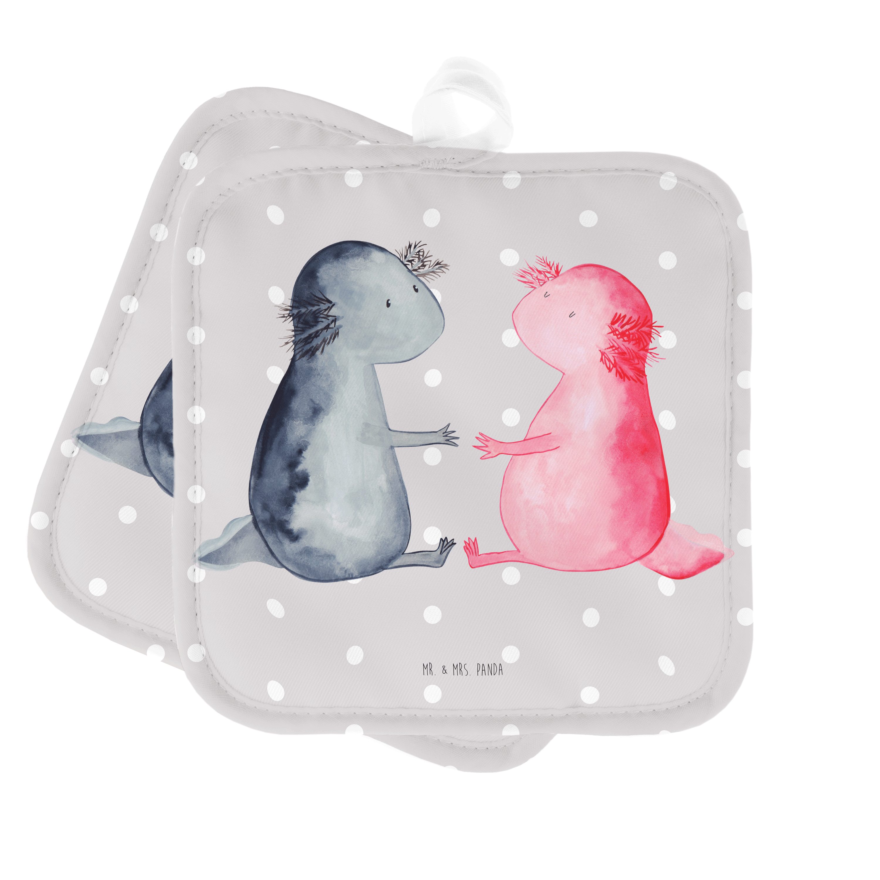 Mr. & Mrs. Panda Topflappen Axolotl Liebe - Grau Pastell - Geschenk, Schwanzlurch, Valentinstag, (1-tlg) | Topflappen