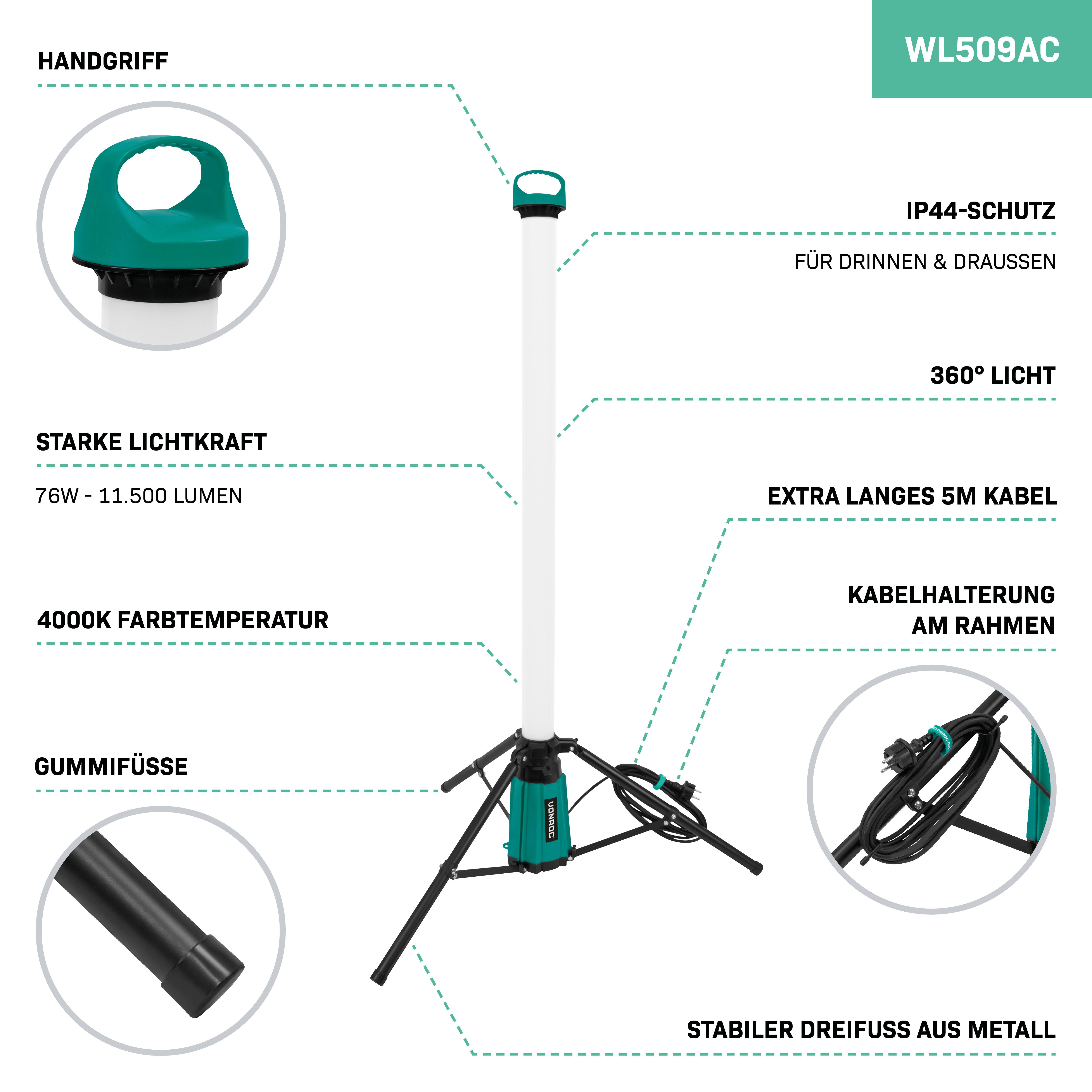 VONROC LED Baustrahler PRO Baulampe 360° – LED – 76W – mit Stativ/Stativ –, Kaltweiß, – Sehr leistungsstark: 11.500 Lumen – Höhe: 151 cm – 5 Meter Kabel – Bild 3 von 4