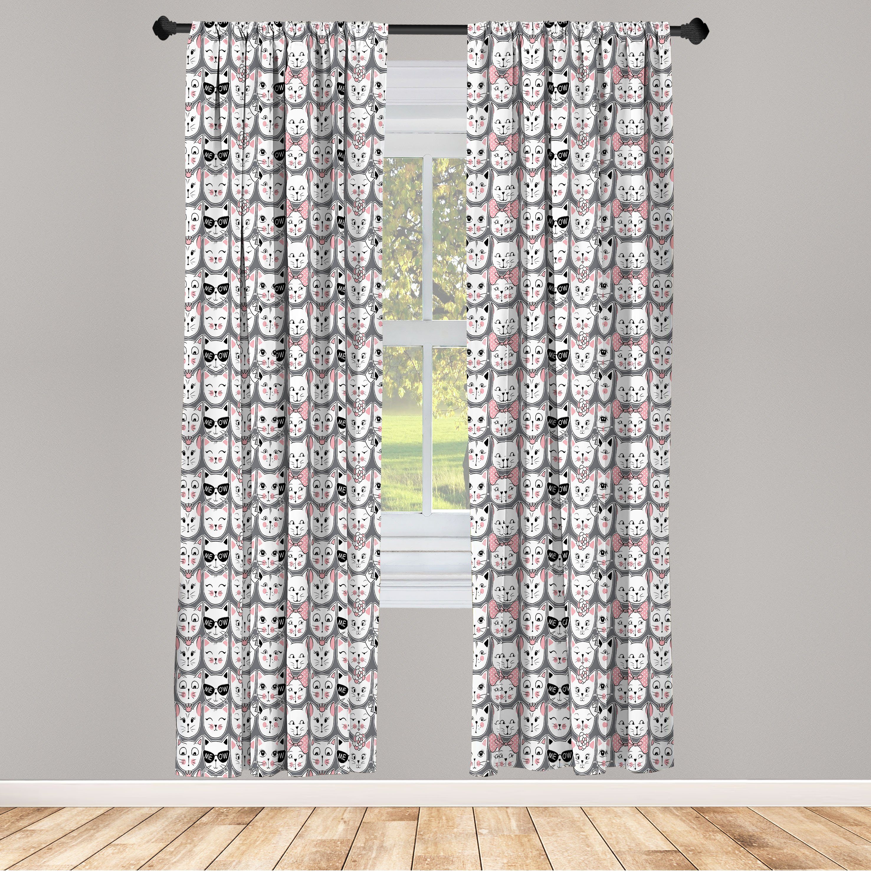 Gardine Vorhang für Wohnzimmer Schlafzimmer Dekor, Abakuhaus, Microfaser, Katzenliebhaber Kitty Zubehör