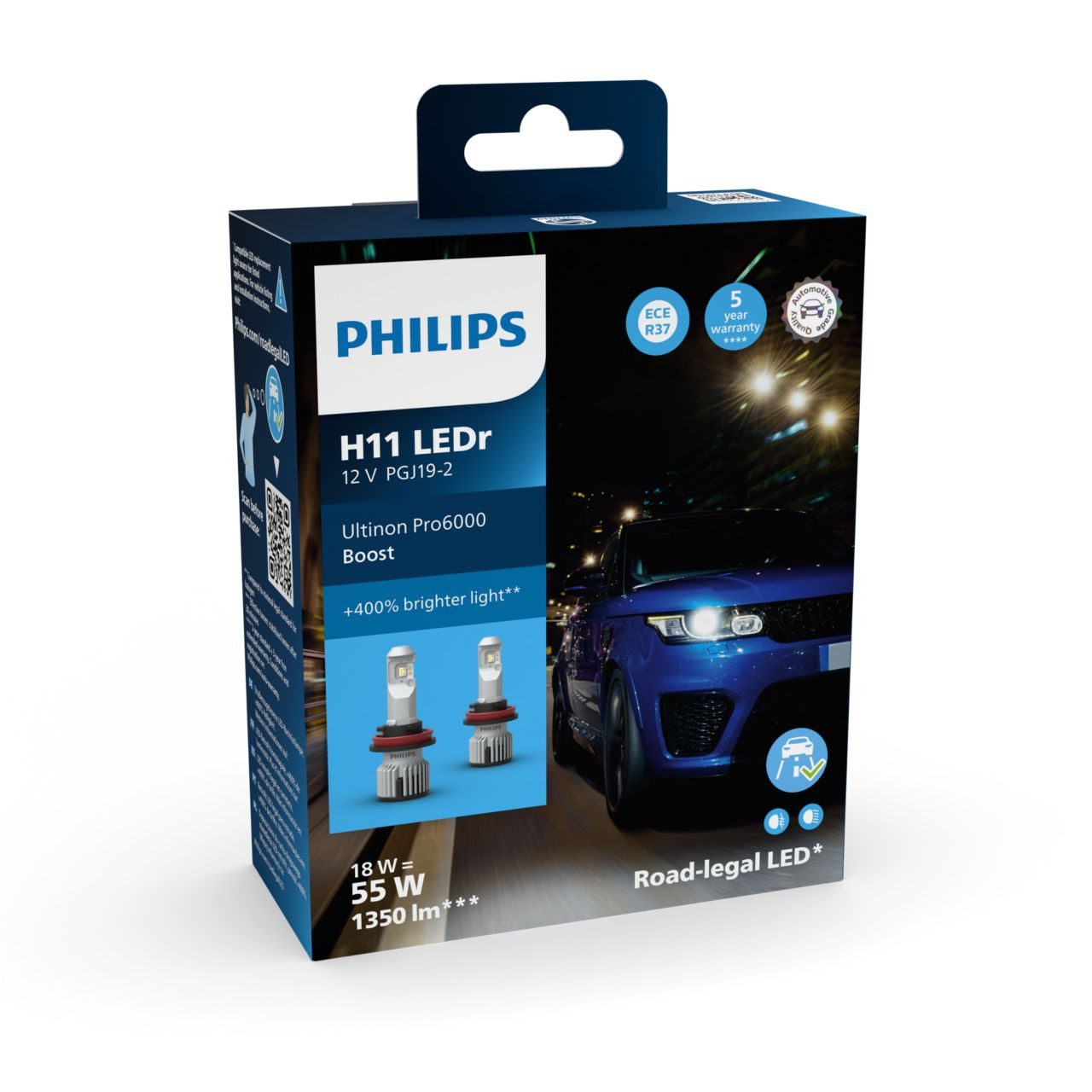 Philips KFZ-Ersatzleuchte H11 12V 18W Ultinon Pro6000 Boost 5800K +400%, Kaltweiß, mit Strassenzulassung