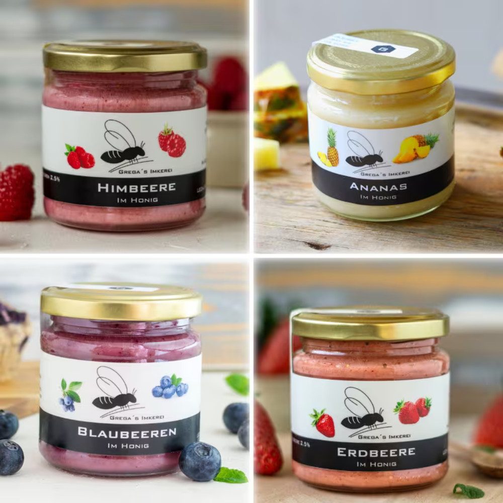 Grega´s Imkerei Honig 4er Fruchtbox - Früchte im Honig - Honigsüßer Brotaufstrich, 4 x 250 g, (Set, ideales Probier- & Geschenkset), 4x 250g (Erdbeere, Blaubeere, Ananas & Himbeere)