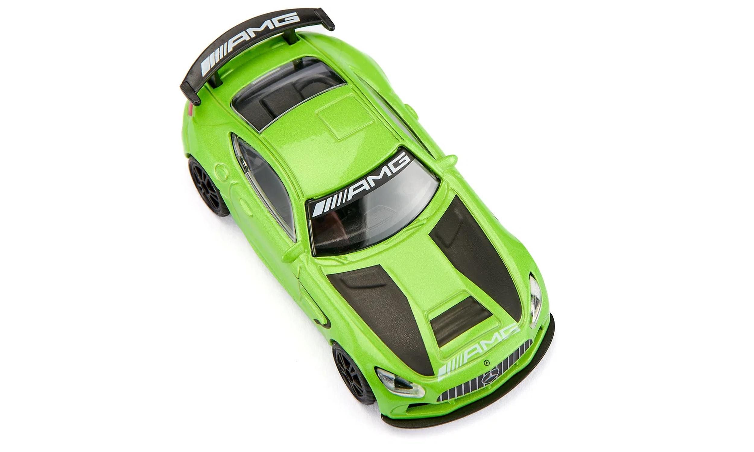 Siku Spielzeug-Auto Mercedes-AMG GT4 Sportwagen mit Heckflügel, Metallkarosserie, Gummireifen, AMG-Bedruckung, Heckflügel