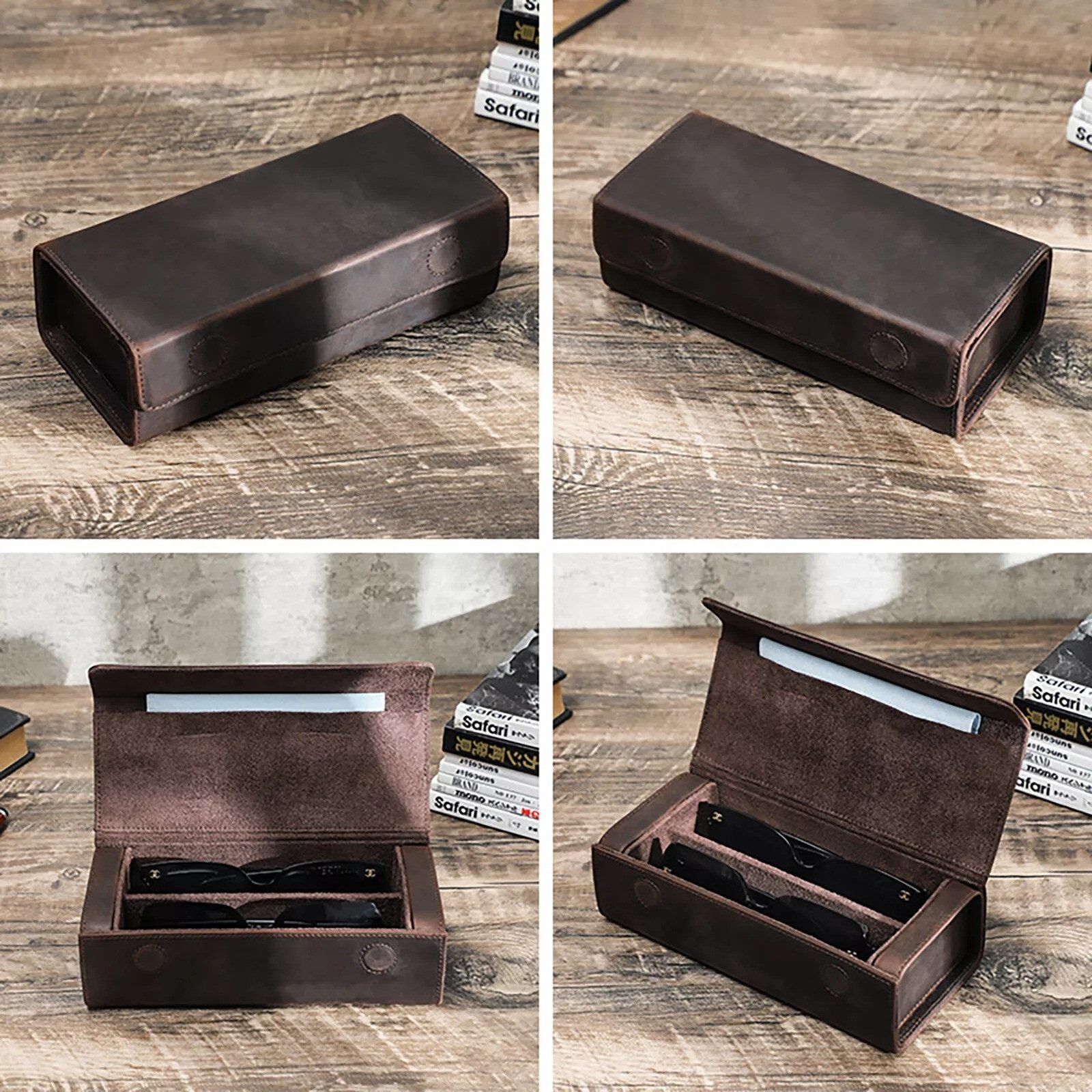 YUBRO-STUDIO Brillenetui Sonnenbrillen Reiseetui 2 Fächer Premium Leder Magnetverschluss