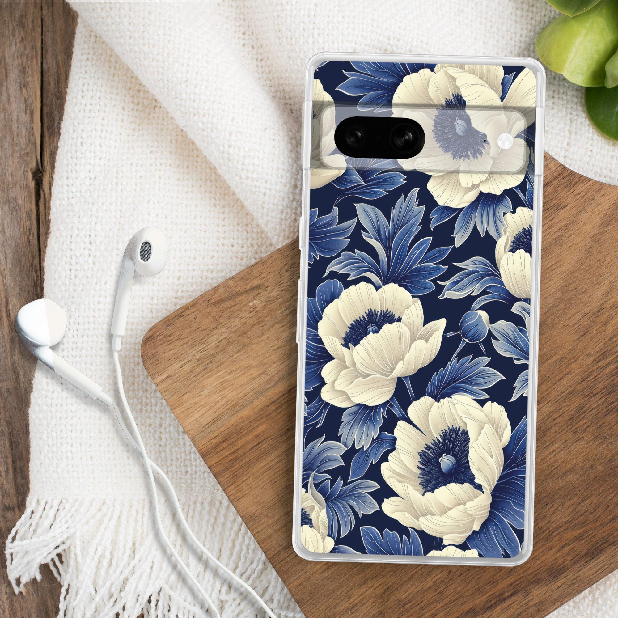 MuchoWow Handyhülle für Google Pixel 7 Blumen - Muster - Blau - Weiß, Phone Case, Silikon, Schutzhülle Dünn