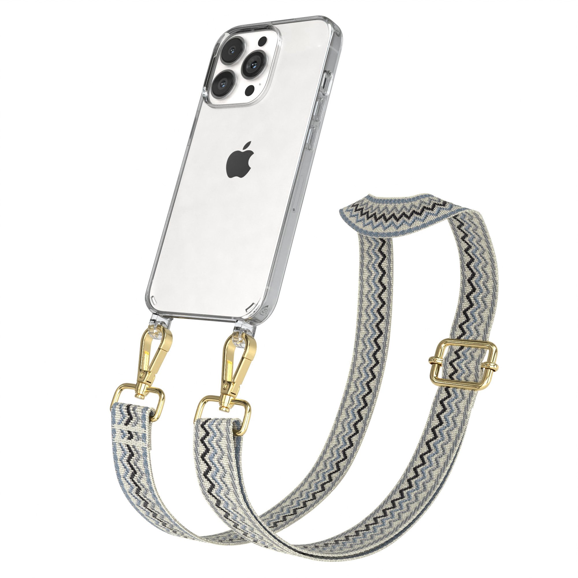 EAZY CASE Handykette Boho Umhängeband für Apple iPhone 13 Pro 6,1 Zoll, Backcover Handyhülle zum Umhängen Ersatzkordel Handy Tasche Hellblau