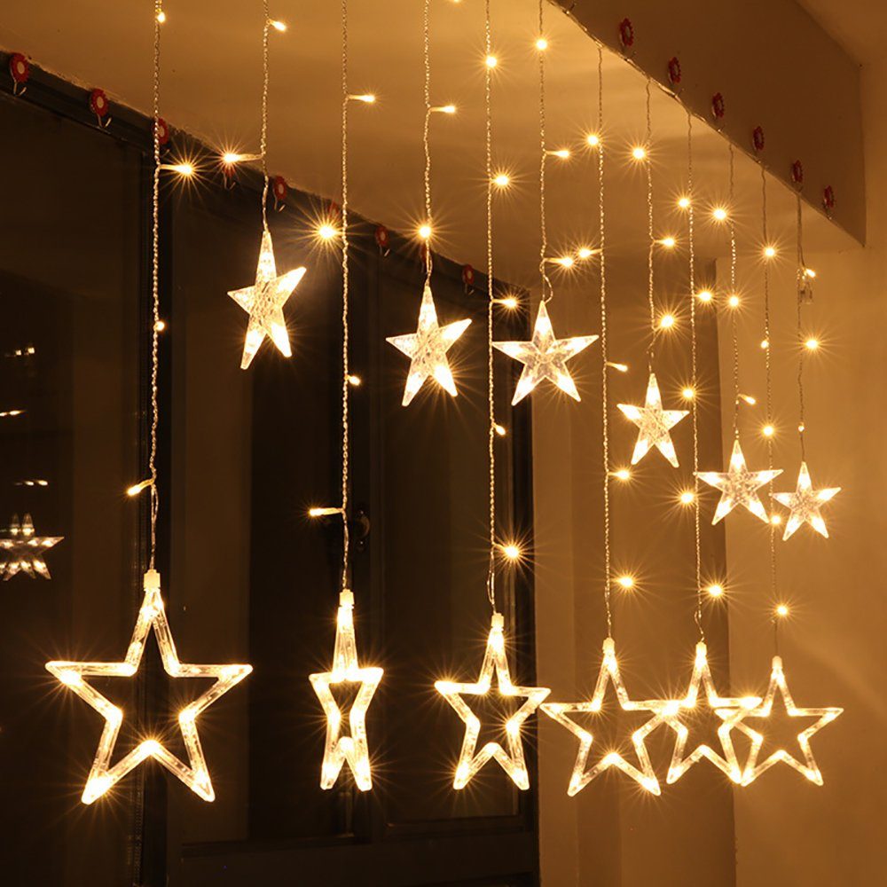 Rosnek LED-Lichtervorhang 2M, 12 Sterne, wasserdicht, 8 Modi, für Weihnachten Fenster Deko, Memory-Funktion Warmeweiß