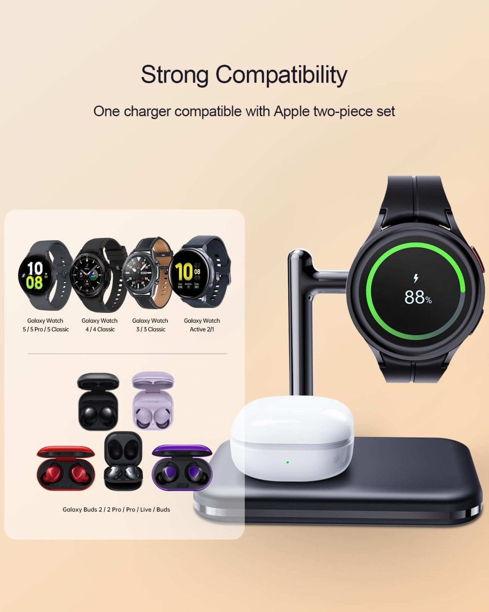 MAKAQI Ladestation Faltbar 2-in-1 Wireless Charger Samsung Watch Galaxy Buds Wireless Charger (1000,00 mA, Ladestation für Samsung Watch und Galaxy Buds, 2-in-1 – Bild 5 von 5