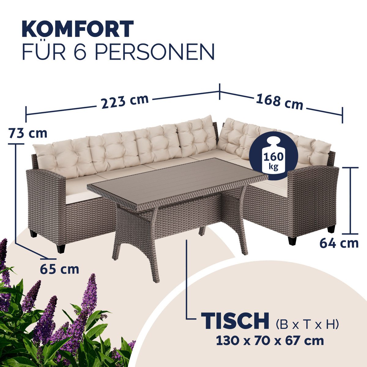 Casaria Gartenlounge-Set Lissabon, Polyrattan WPC Esstisch Eckbank 15cm Kissen 7cm Auflagen Wetterfest