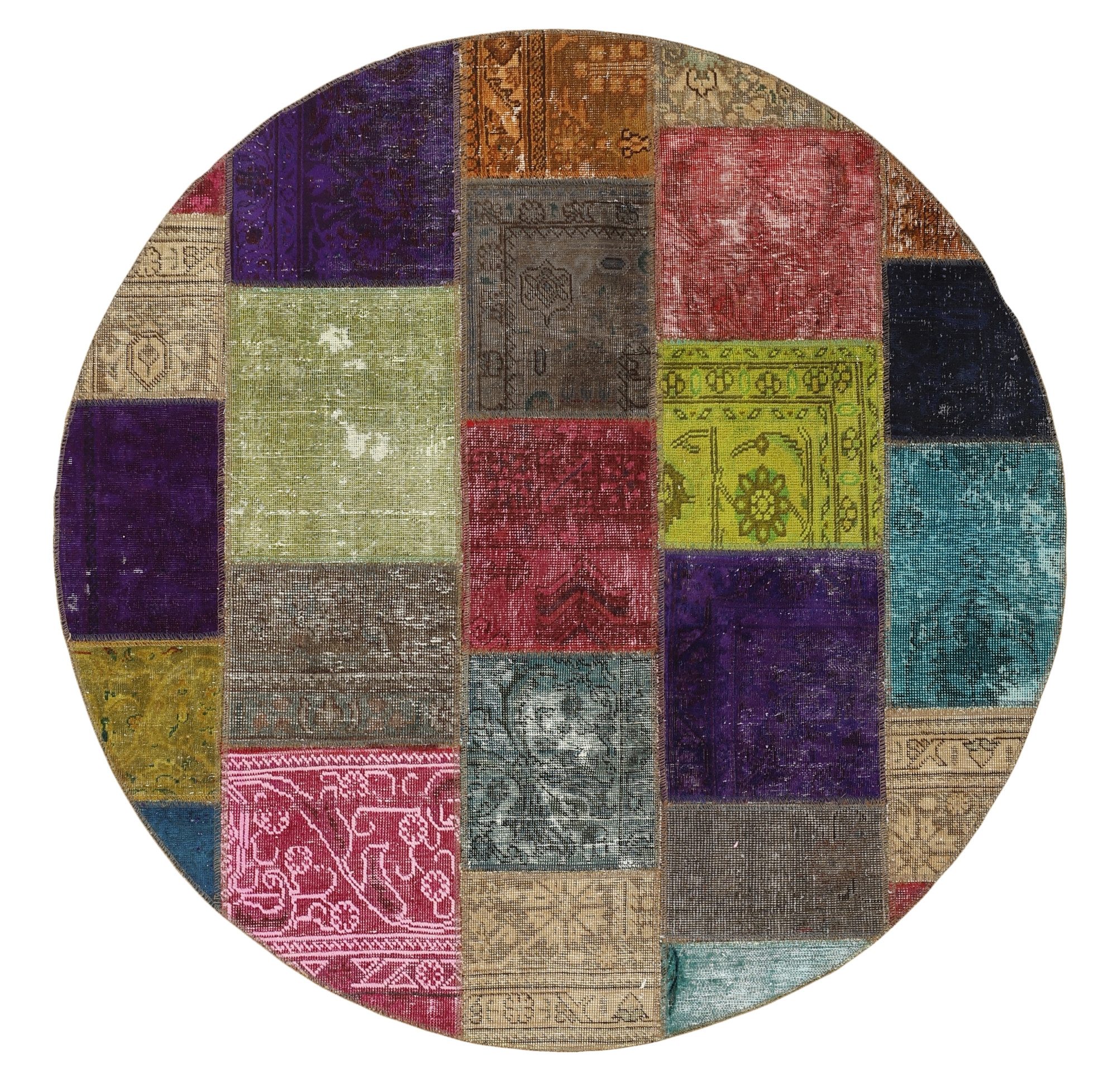 Wohnando Teppich MY-RUG Vintage Patch Work Floral & Ornamentiert 150x150cm, Rund, Höhe: 10 mm, Handgeknüpfter Teppich,Handgesponnene Wolle, mit Naturfarben gegärbt