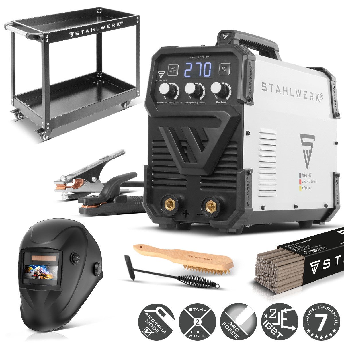 STAHLWERK Inverterschweißgerät Elektroden-Schweißgerät ARC 270 ST - DC Vollausstattung Gerätewagen, 30 - 270 A, Packung}, 5-tlg., Vollausstattung, Echte 270 Ampere & höchste Effizienz durch 400V Dreiphasenwechselstrom