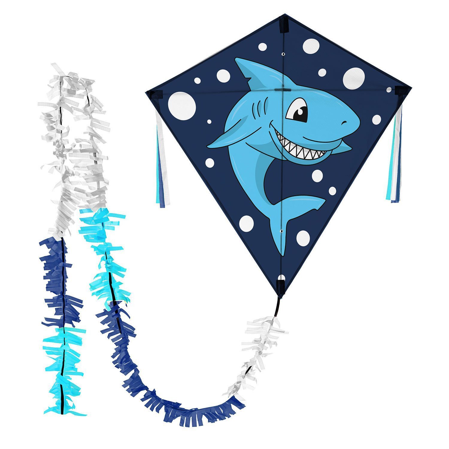 Wolkenstürmer Flug-Drache Kinderdrachen ab 3 Jahre Ready to Fly Outdoor Kite 75 cm, (Flugspielzeug Jungen Mädchen Rautendrachen mit Puschelschwanz, 1-tlg), Klassischer flugfertiger Rautendrachen Eddy ab 3 Jahre mit Hai
