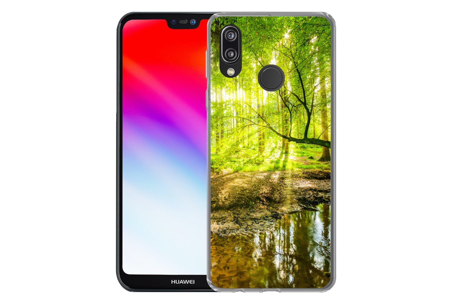 MuchoWow Handyhülle für Huawei P20 Lite (2020) Wald - Landschaft - Wasser - Bäume - Sonne, Handy Case, Silikon, Bumper Case Dünn