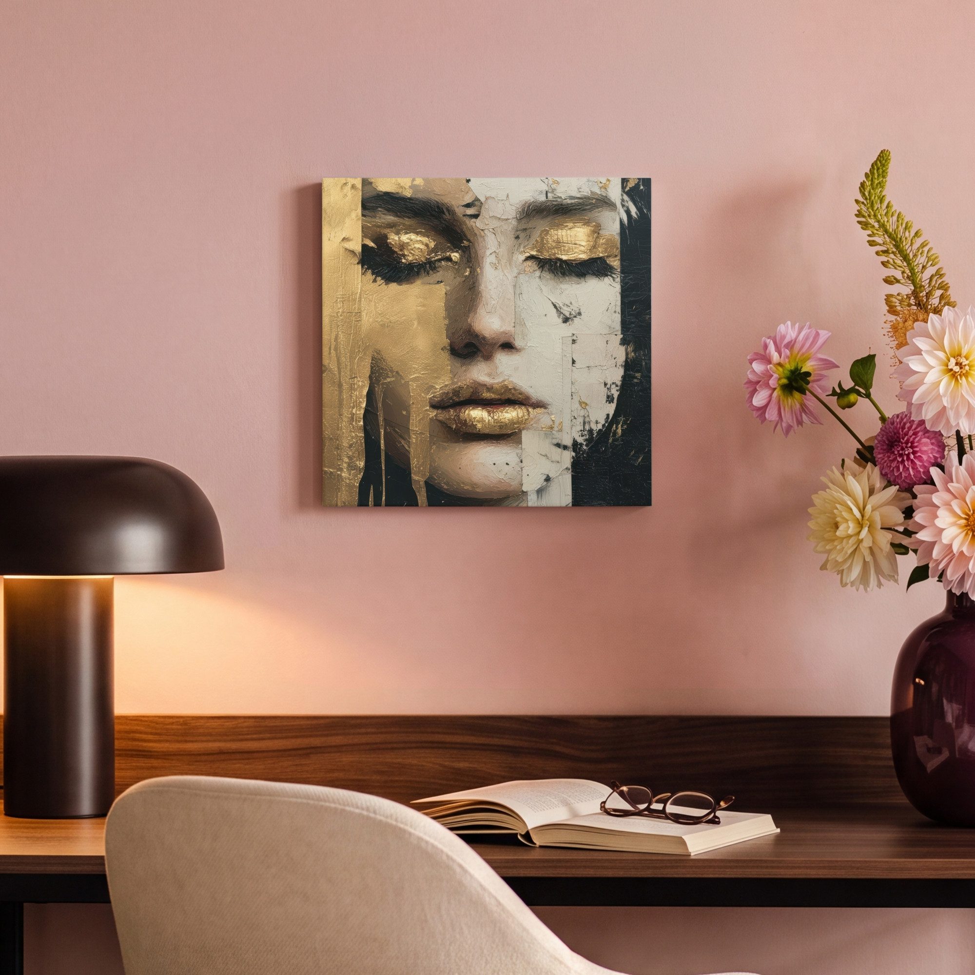 OneMillionCanvasses® Leinwandbild Abstrakt - Gold - Gesicht - Lippen, Fotodruck (1 St), Leinwand Canvas Wandbild, Wanddekoration 20x30 cm – Bild 4 von 5