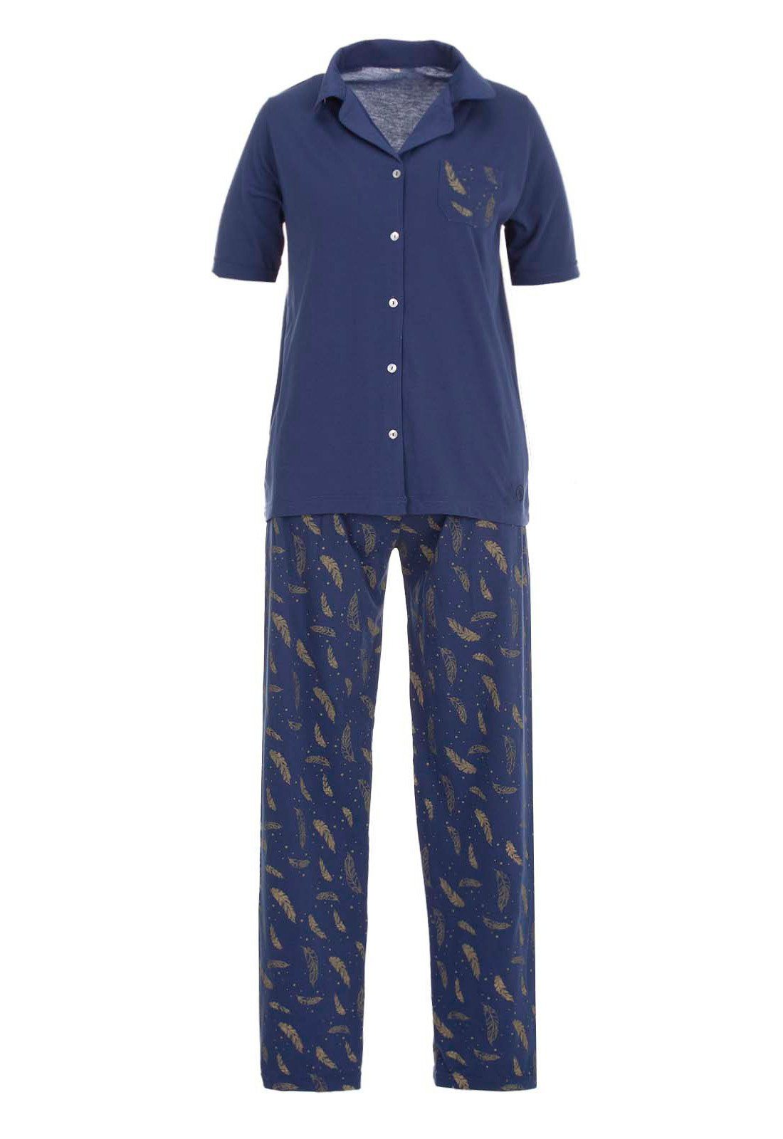 Rodung zeitlos Schlafanzug Pyjama Set Kurzarm blau - Feder