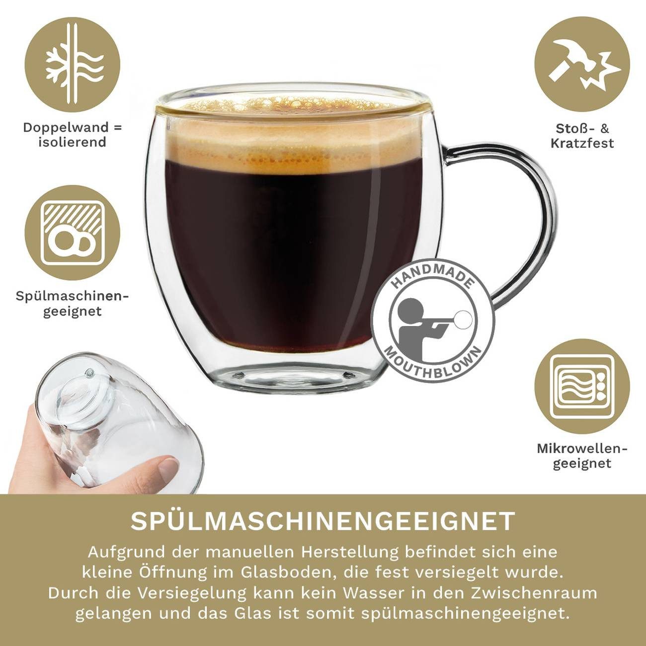 Creano Teeglas Thermoglas Espressoglas hoch mit Henkel 2er Set; 100ml, 2-tlg., Borosilikatglas, 2 Gläser