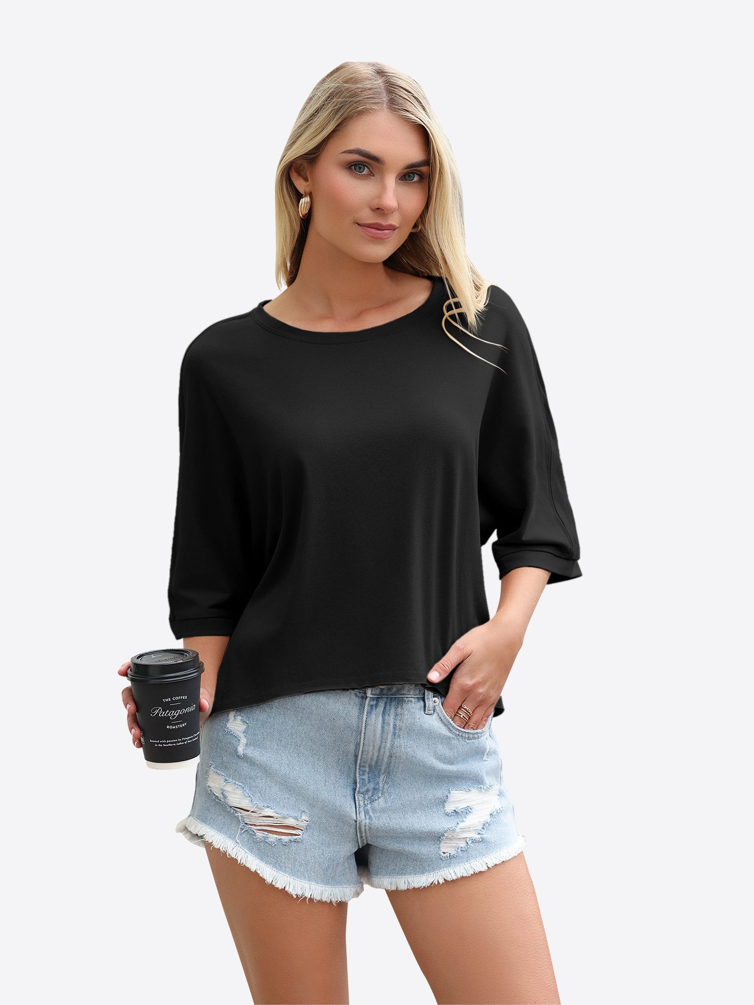Imily Bela T-Shirt Damen Oversized Cropped Shirt Rundhals Casual Oberteil (Packung, 1-tlg., 1per-Pack) mit 3/4-Ärmeln und abgerundetem Saum in Unifarbe – Bild 4 von 5