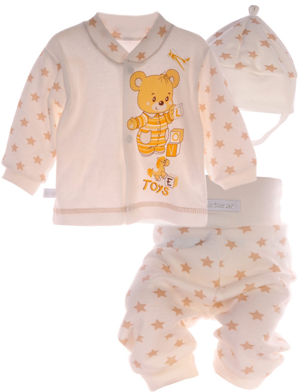 La Bortini Langarmshirt & Hose Baby Anzug Hemdchen Schlupfhose Mütze Set mit Bärchen Aufdruck aus Baumwolle, mit Sternen oder Punkten Muster und Bären Aufdruck