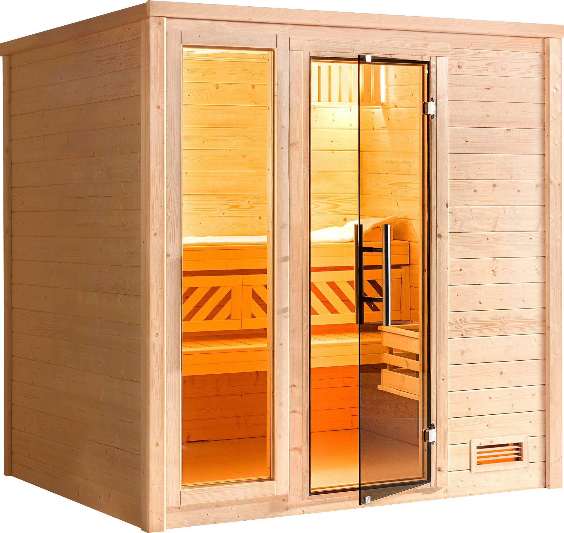 weka Sauna Bergen, BxTxH: 195,5 x 178 x 205 cm, 45 mm, (Set) 7,5 kW-Ofen mit digitaler Steuerung