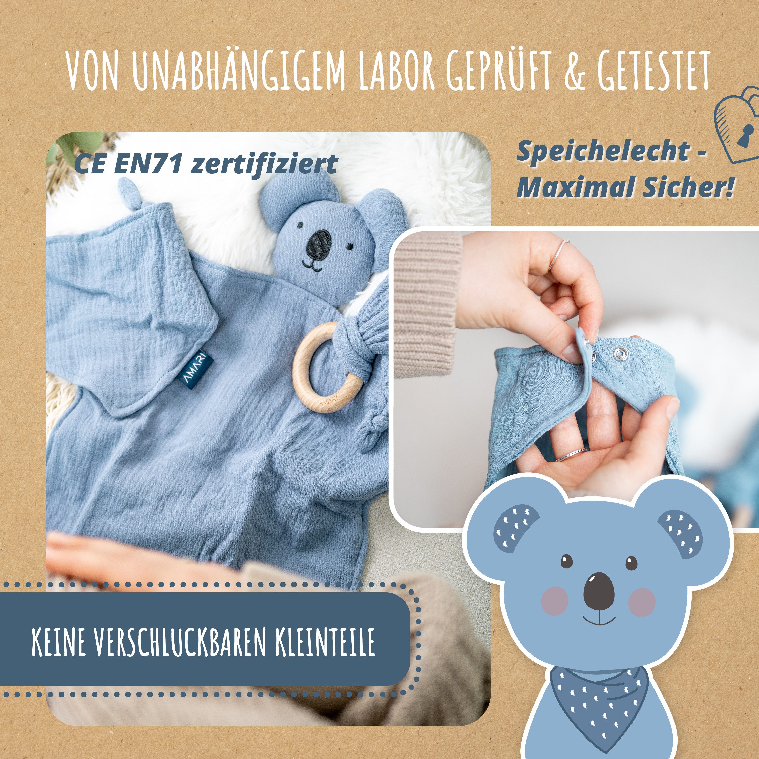 Amari Schmusetuch AMARI ® Schmusetuch mit Beißring und Lätzchen