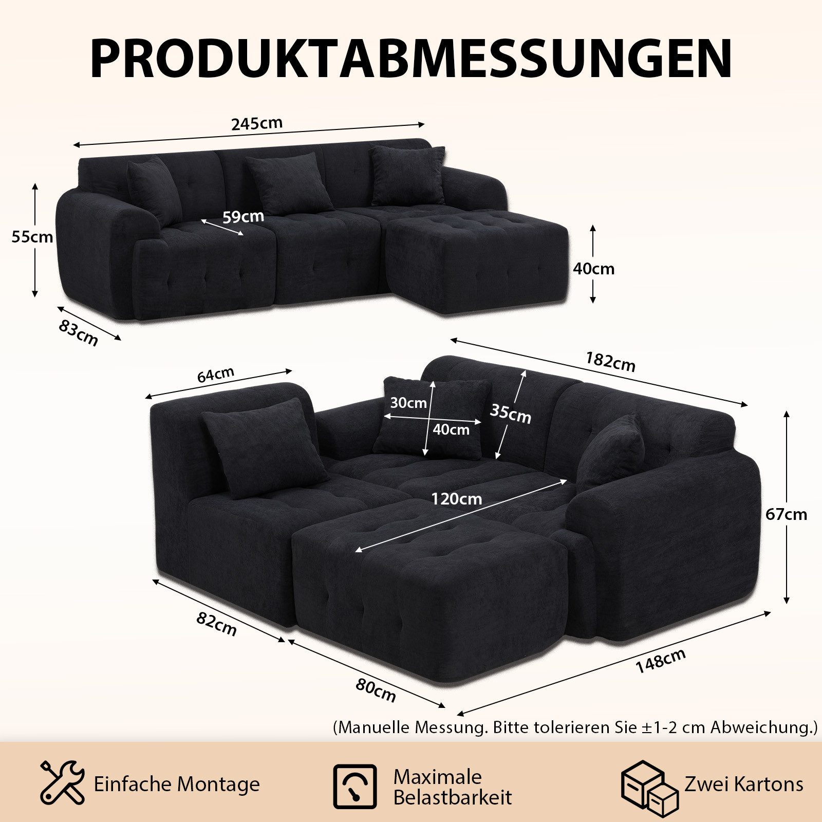 COMHOMA Sofa Ecksofa, Modulares Sofa, 2 Sitzer Bodensofa Couch mit Kissen Armlehne, für Wohnzimmer, vakuumverpackt