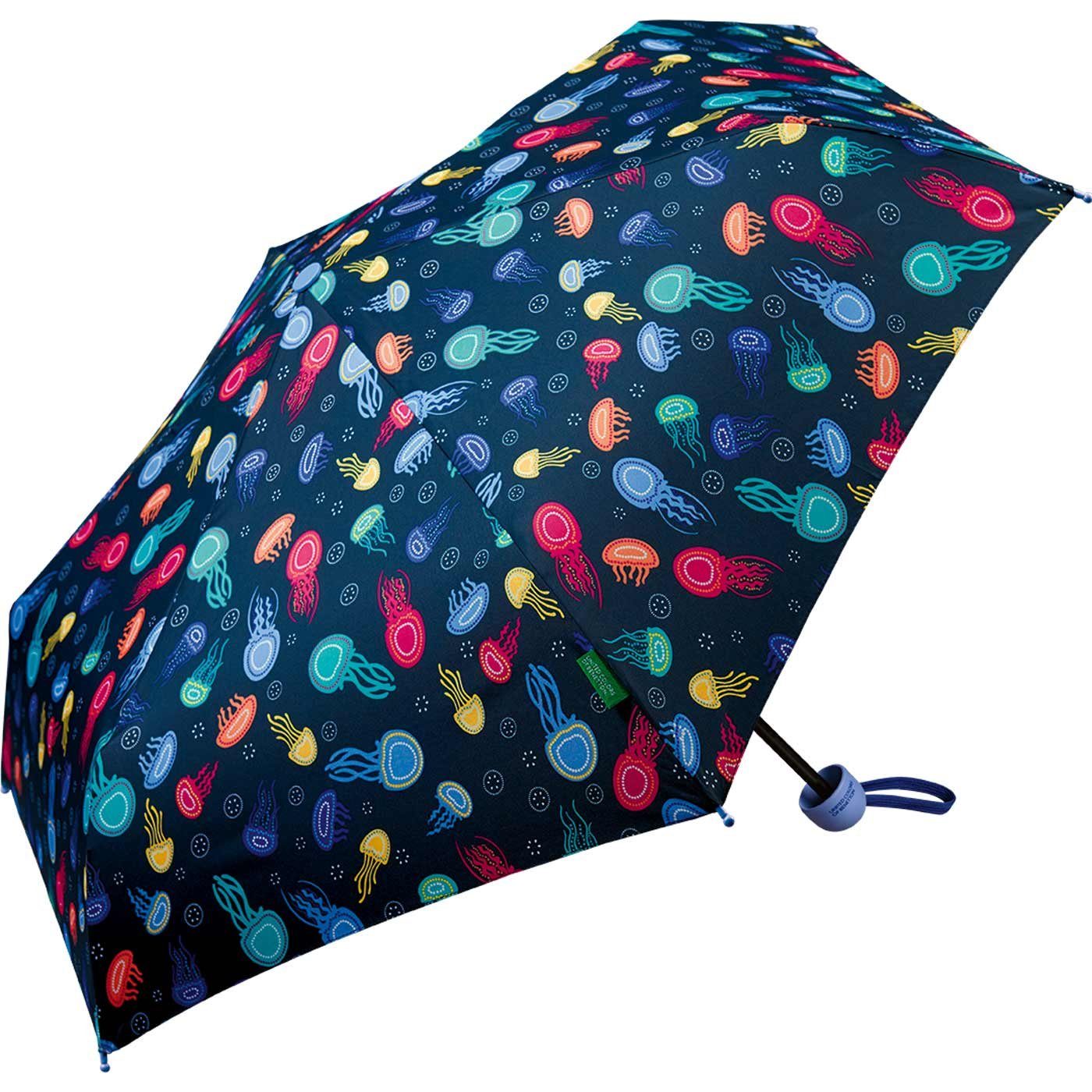 United Colors of Benetton Taschenregenschirm Kinderschirm mit Handöffner und buntem Dach, lustiges Quallen-Motiv für Spaß beim Regen