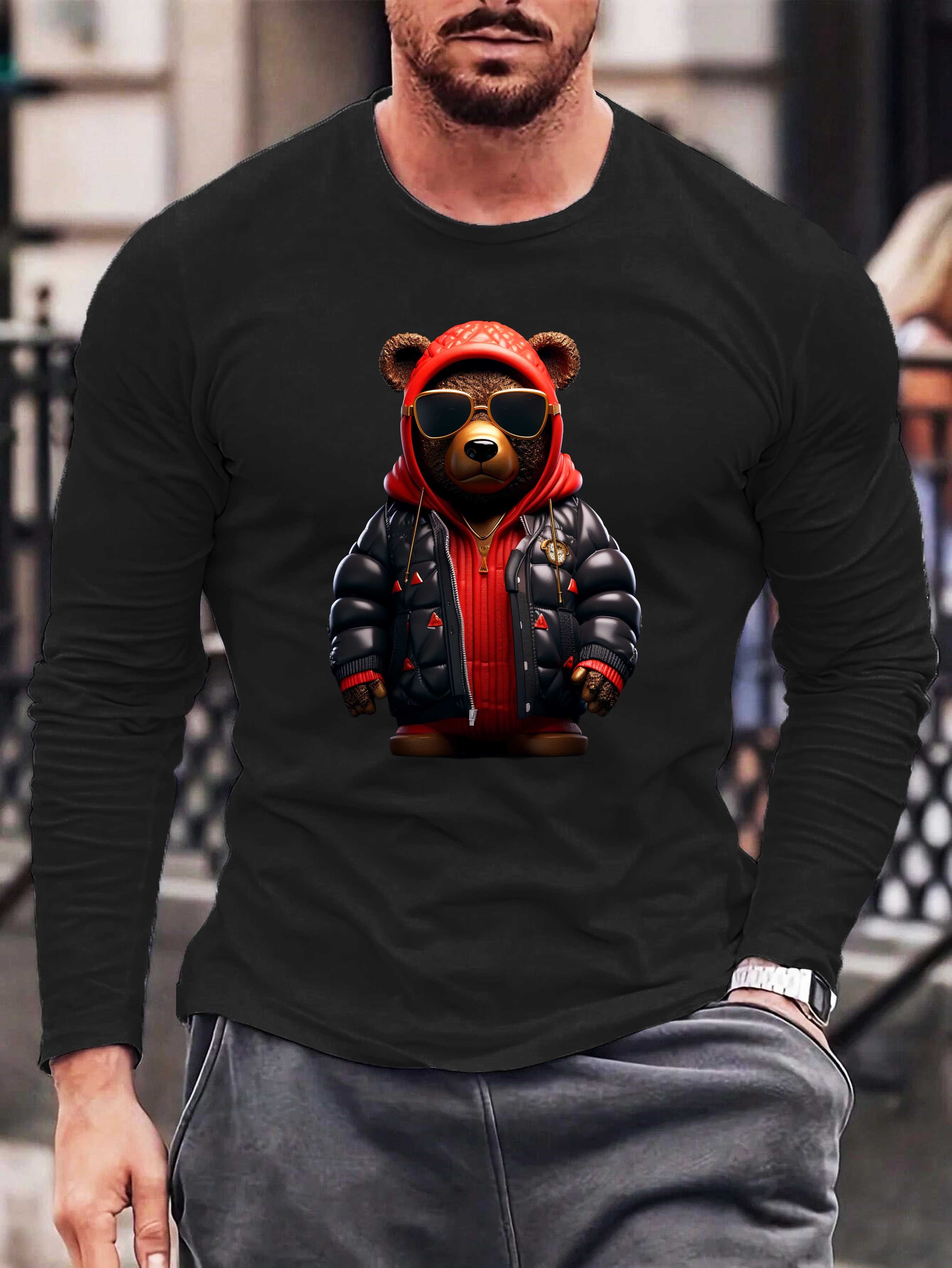 Herren Baumwolle, mit aus Gangster Print RMK Longsleeve Rundhals Basic Schwarz-Rot Teddybär Lizenziertem Langarmshirt