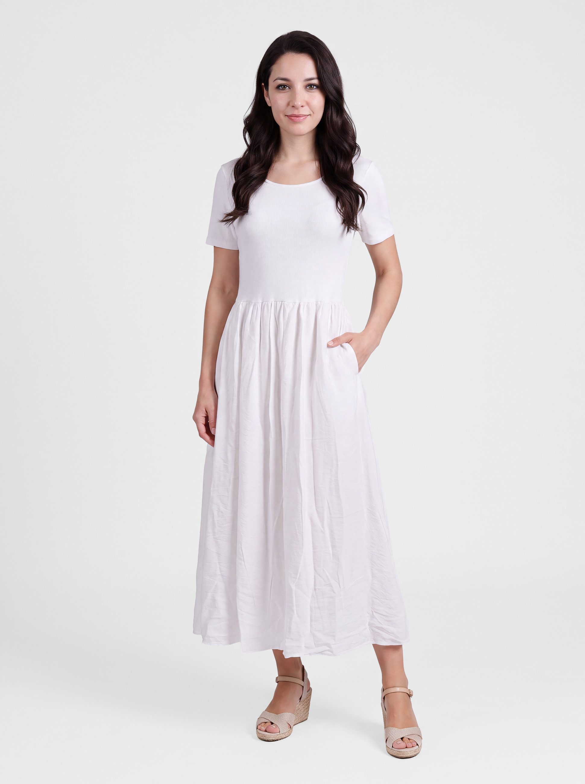 PEKIVESSA Sommerkleid Midikleid wadenlang Kurzarm mit Taschen Material-Mix aus Rippstrick und Viskoserock