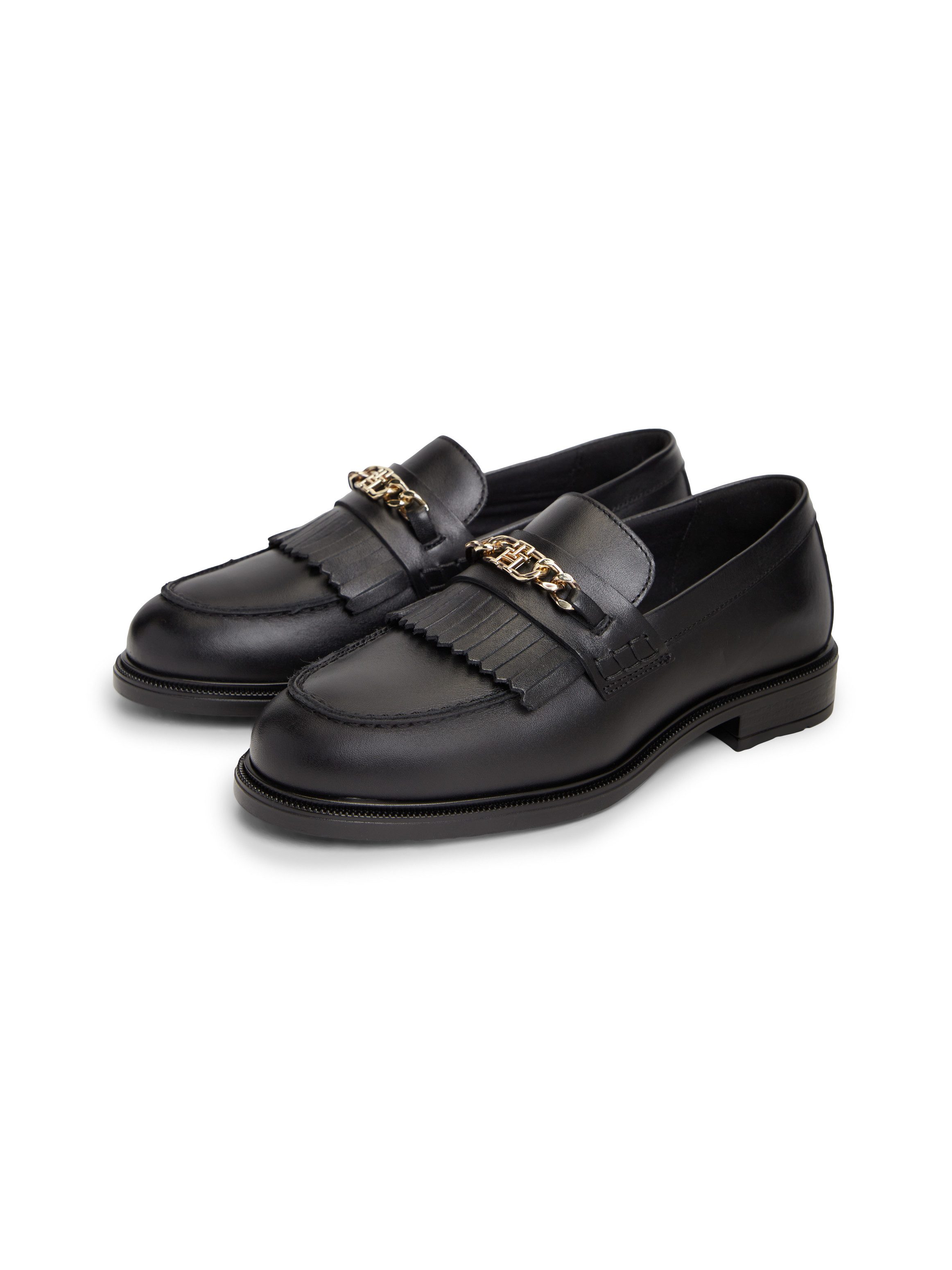 Tommy Hilfiger TH CHAIN FRINGE LEATHER LOAFER Loafer Blockabsatz, Slipper, Businessschuh mit modischen Fransen