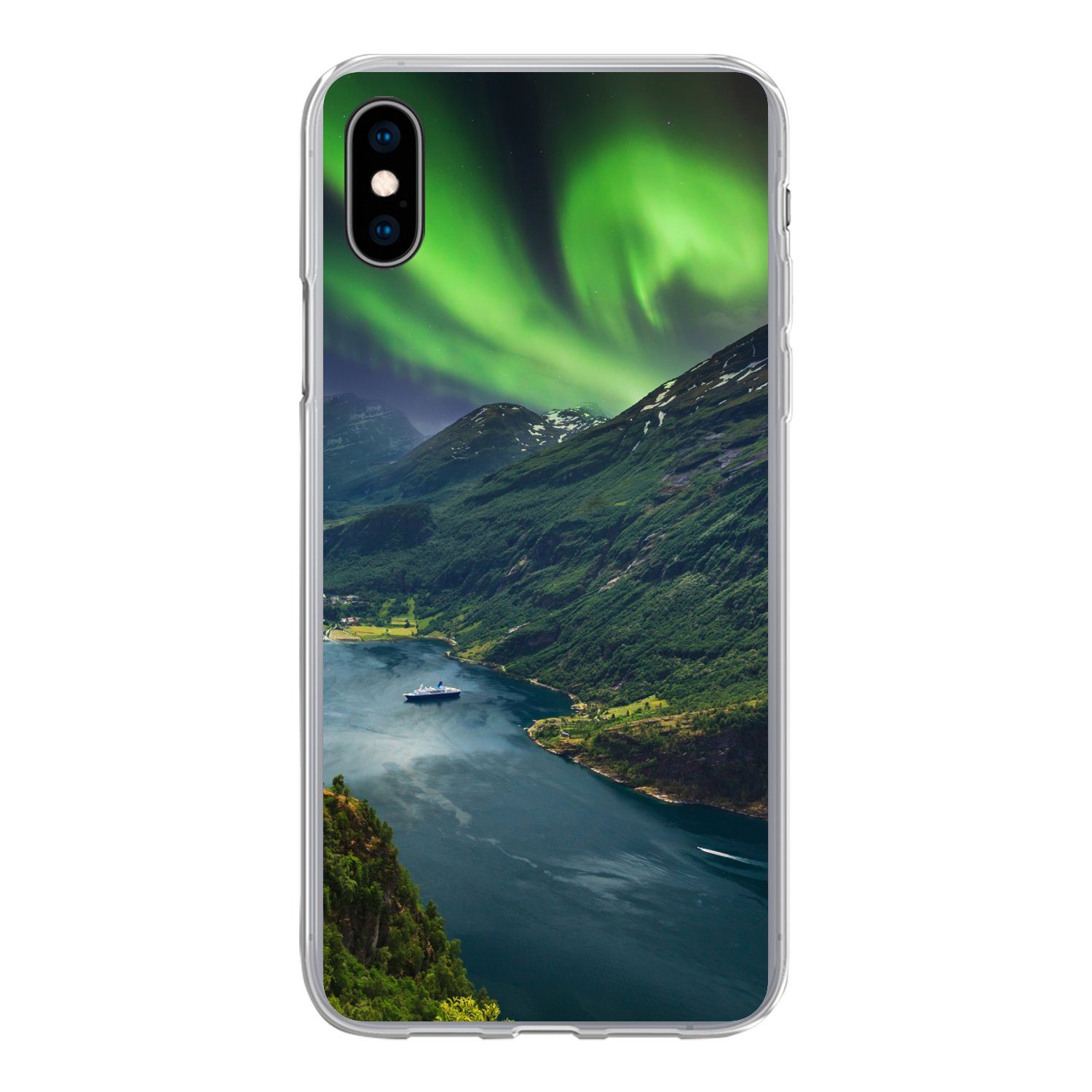 MuchoWow Handyhülle für Apple iPhone XS Nordlichter - Berg - Boot - Norwegen, Smartphone-Bumper, Print, Handy Schutzhülle Dünn