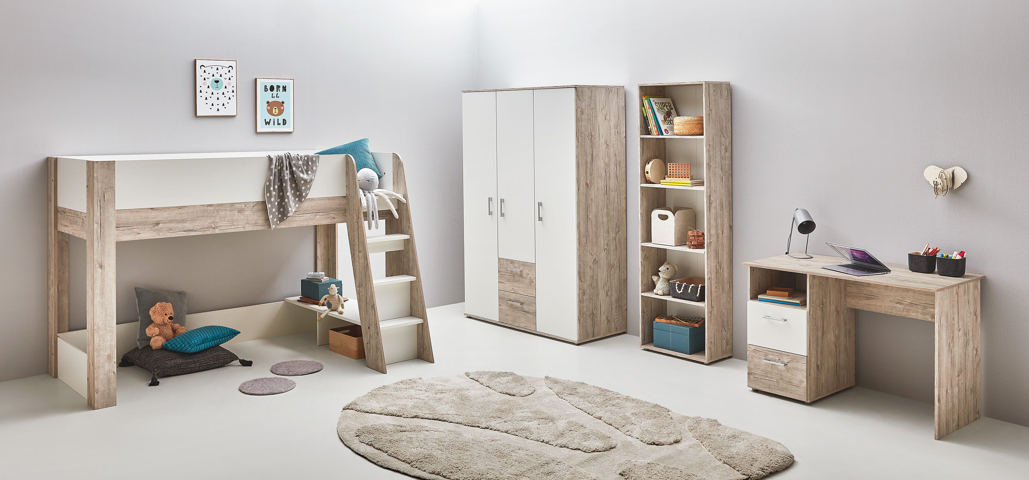 OTTO home Jugendzimmer-Set Set »Riekke«, viel Stauraum, (Spar-Set, 4-tlg., Kleiderschrank 3 türig, Hochbett, Standregal, Schreibtisch), Hochbett, Etagenbett, Ablagefach unter dem Bett, Blauer Engel