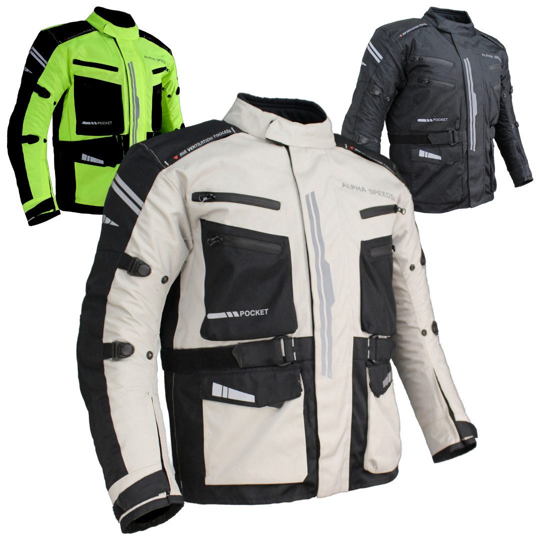 Alpha Speeds Motorradjacke JET PRO, All-Saison Motorradjacke inklusive Protektoren (2026) Abnehmbares Membran + Futter, 7 Belüftungen, 10 Taschen, in Off-White