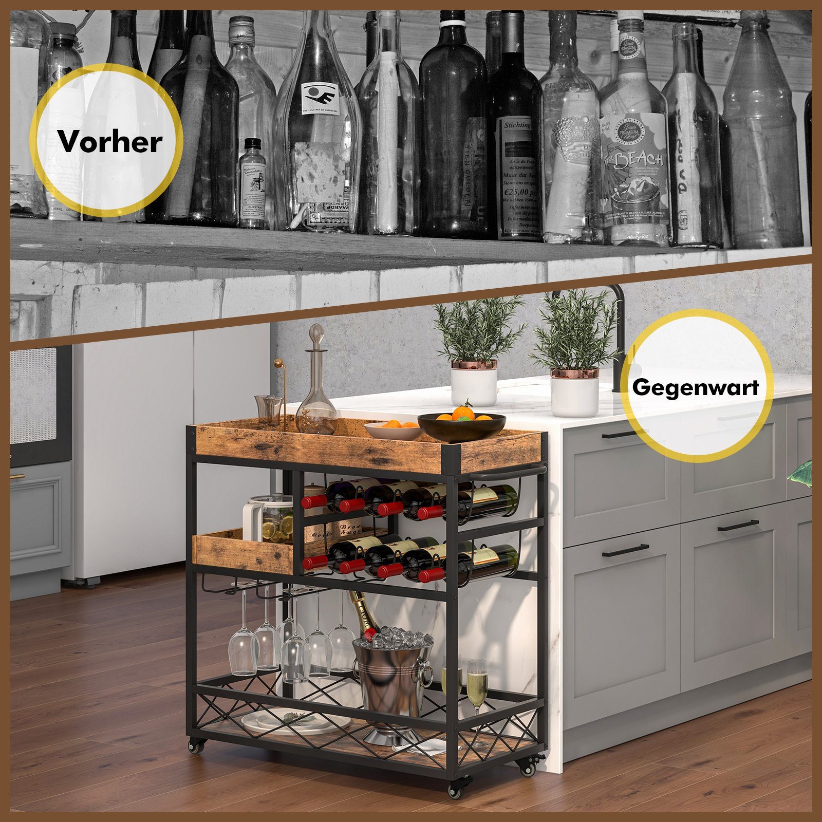 COSTWAY Küchenwagen, mit abnehmbarem Tablett, Weinregal, auf Rollen günstig online kaufen