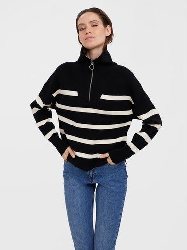 Vero GA HIGHNECK Moda Black NOOS VMSABA LS Stripes:BIRCH STRIPE Troyer BLOUSE