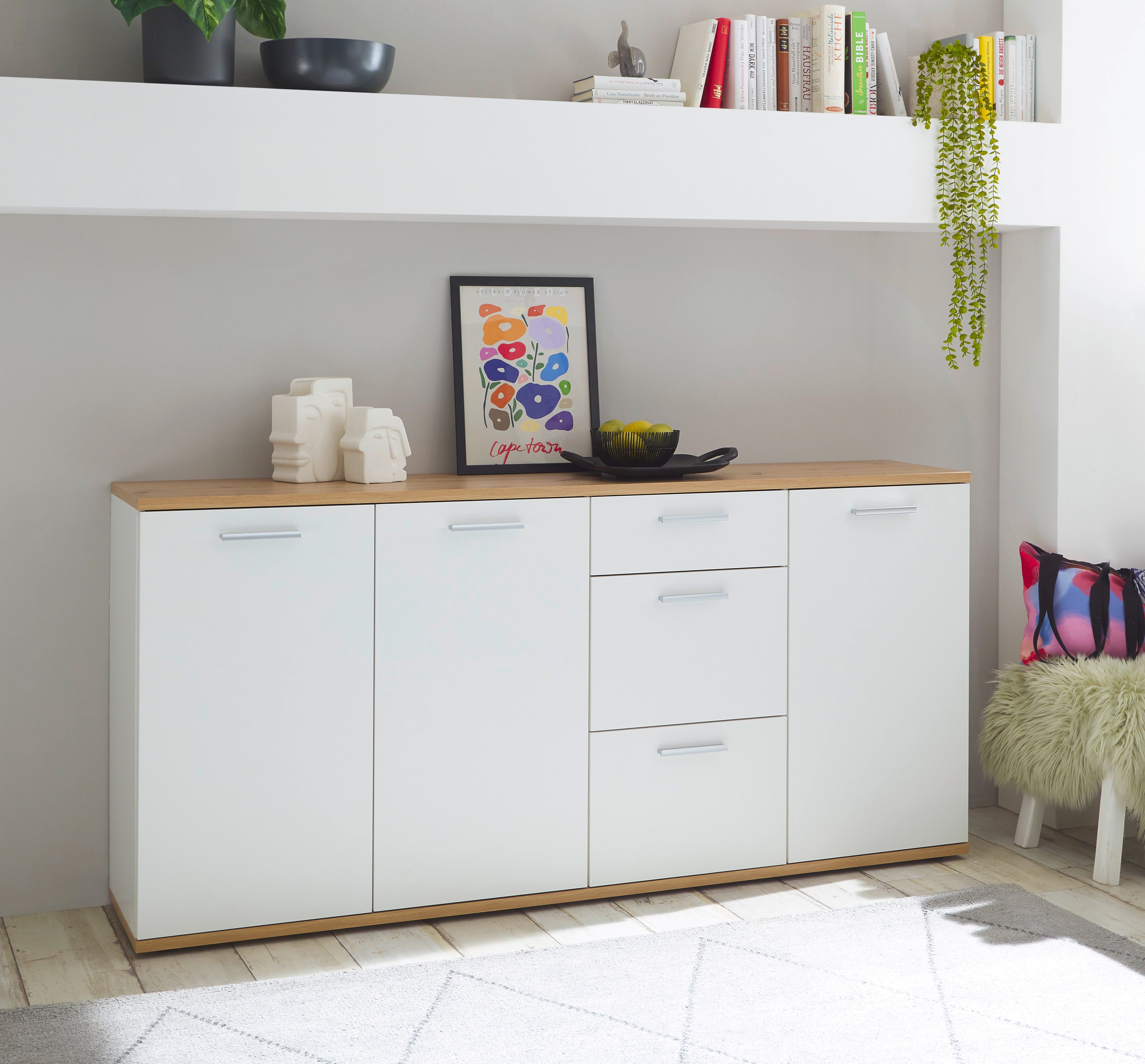 HBZ Kommode BC1035 weiß matt, BxHxT 180x86x38 cm, Sideboard mit 3 Türen, 3 Schubkästen, 2 Einlegeböden